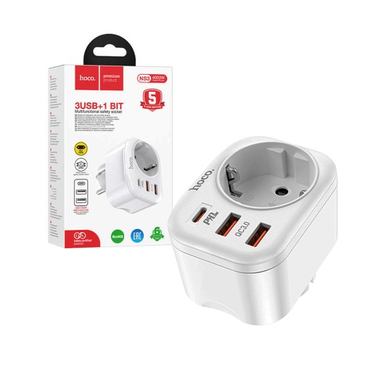 Hoco Multifunctional Socket Adaptor NS3 (EU/GER) with Dual USB Ports and Type C PD20W 18W White